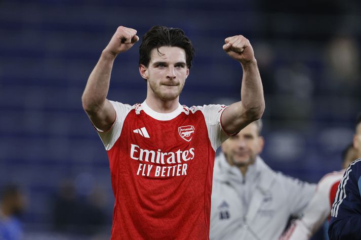 Declan Rice fagnar sigri Arsenal á Everton í ensku úrvalsdeildinni um helgina.