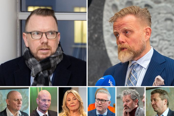 Ragnar Þór Ingólfsson, efst til vinstri, kallaði ummæli Ásgeirs Jónssonar seðlabankastjóra um leigubremsuna „fullkomlega óábyrg“. Ummælin féllu í grýttan jarðveg á þingi en á meðal þeirra sem blönduðu sér í umræðuna voru Sigurjón Þórðarson, Stefán Vagn Stefánsson, Sigríður Á. Andersen, Jens Garðar Helgason, Dagur B. Eggertsson og Guðlaugur Þór Þórðarson.