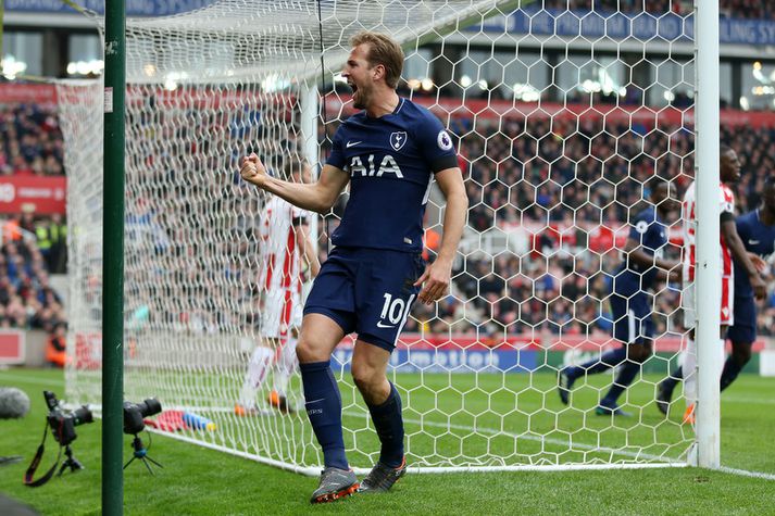 Harry Kane fagnar markinu sem hann fékk ekki skráð en kannski á það eftir að breytast.