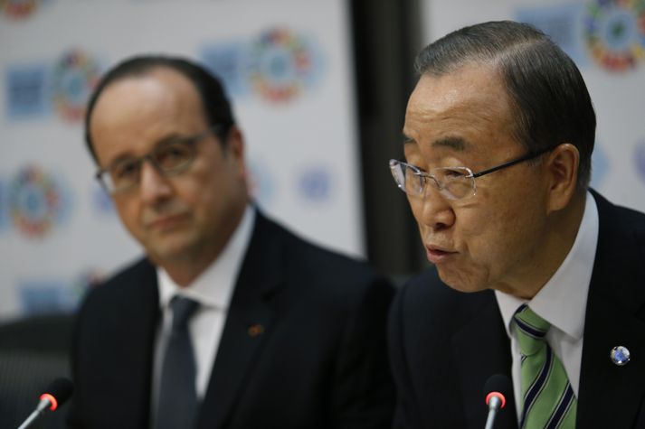 Ban Ki-moon, aðalritari Sameinuðu þjóðanna, ásamt Francois Hollande Frakklandsforseta