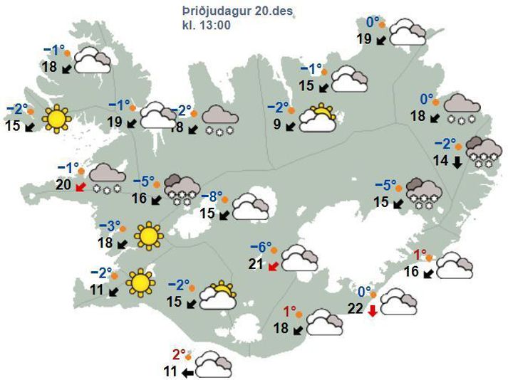 Staðan á landinu um klukkan 13 í dag samkvæmt spá Veðurstofunnar.