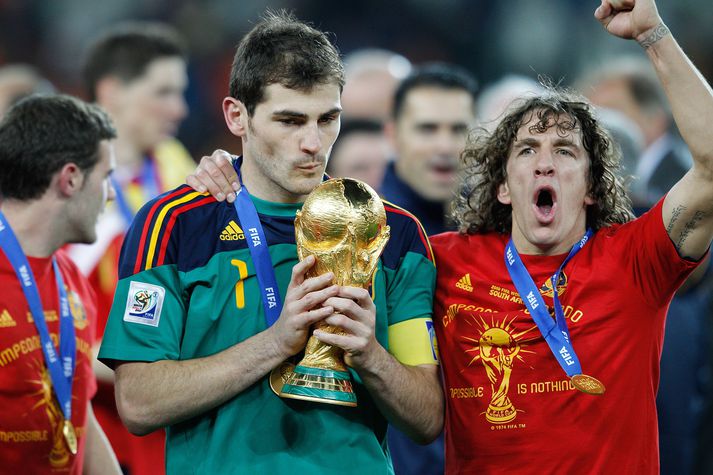 Iker Casillas og Carles Puyol urðu heimsmeistarar saman með spænska landsliðinu árið 2010.