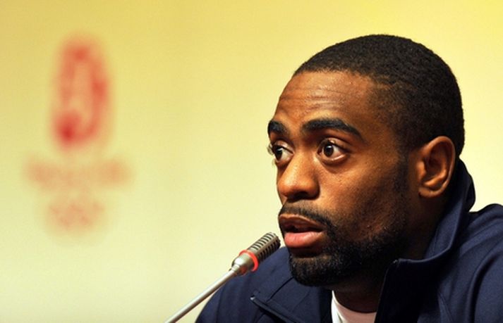Tyson Gay á blaðamannafundinum fyrr í dag.
