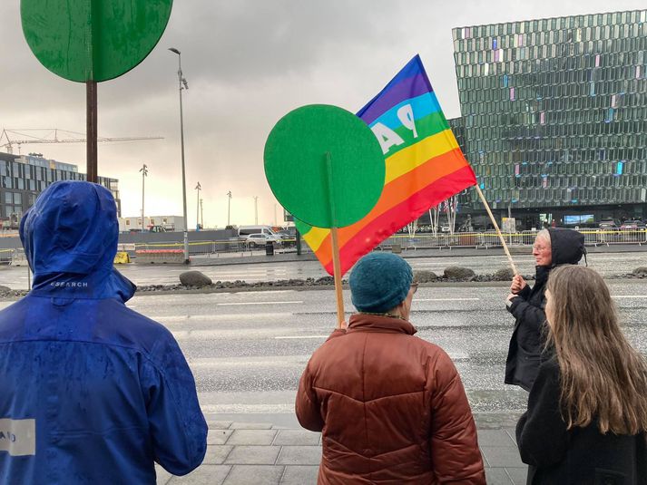 Mótmælendur stóðu fyrir utan Seðlabankann og sneru að Hörpunni. Ekki var hægt að komast nær byggingunni vegna varnargirðingar lögreglunnar.