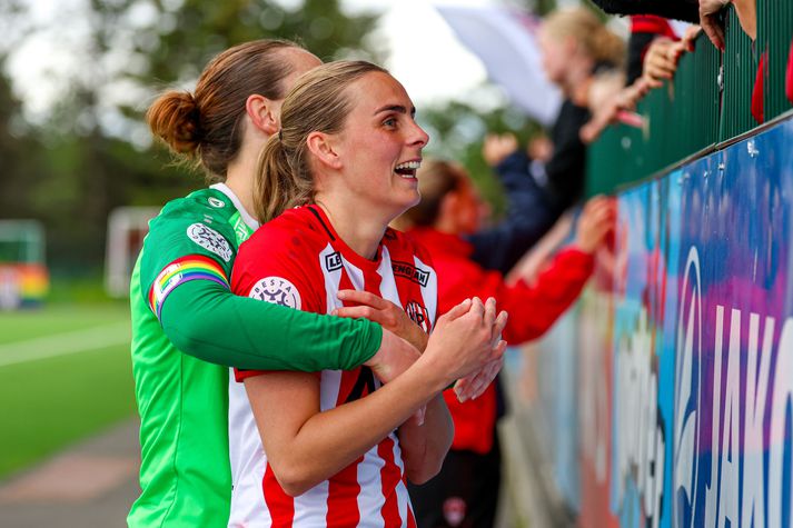 María Eva Eyjólfsdóttir og félagar í Þrótti gátu loksins fagnað þremur stigum í húsi í kvöld.
