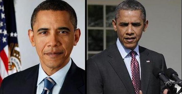 Á myndinni til vinstri má sjá hvernig Obama leit út þegar hann tók við embætti árið 2009. Og á þeirri til hægri má sjá nýlega mynd af Obama.