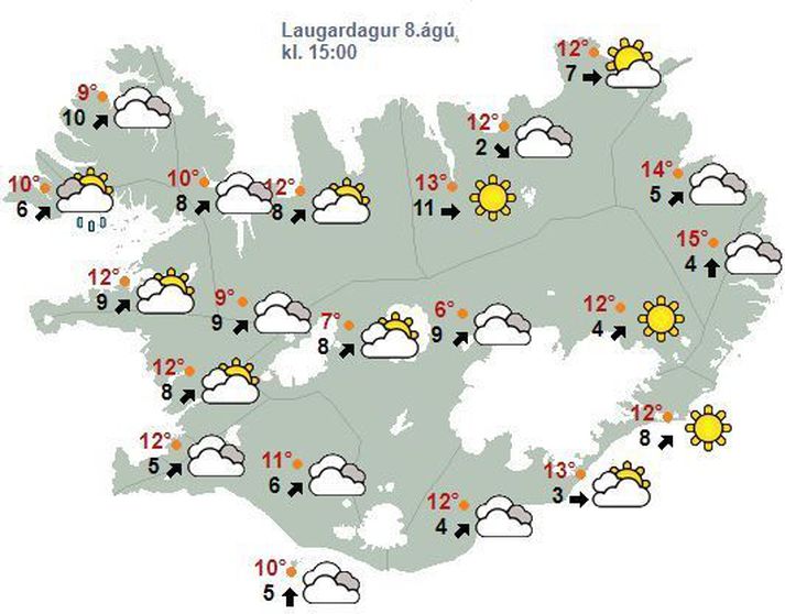 Spákort Veðurstofunnar fyrir klukann 15 eins og það leit út í morgun.