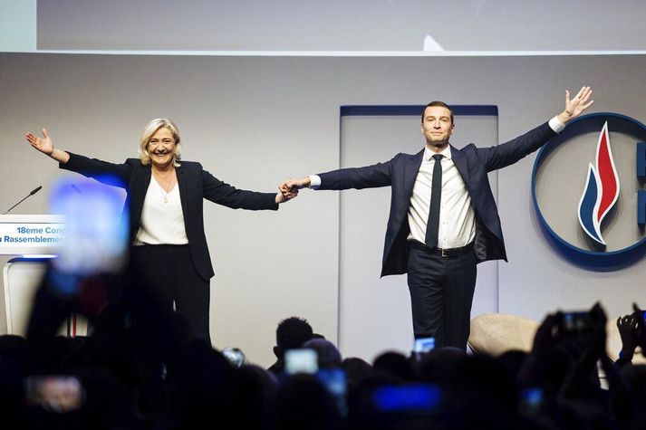 Marine Le Pen og Jordan Bardella á landsfundi Rassemblement National um helgina.