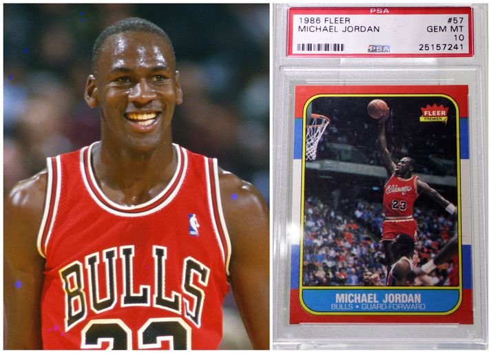 Michael Jordan árið 1986 og körfuboltaspjaldið hans verðmæta frá sama ári.