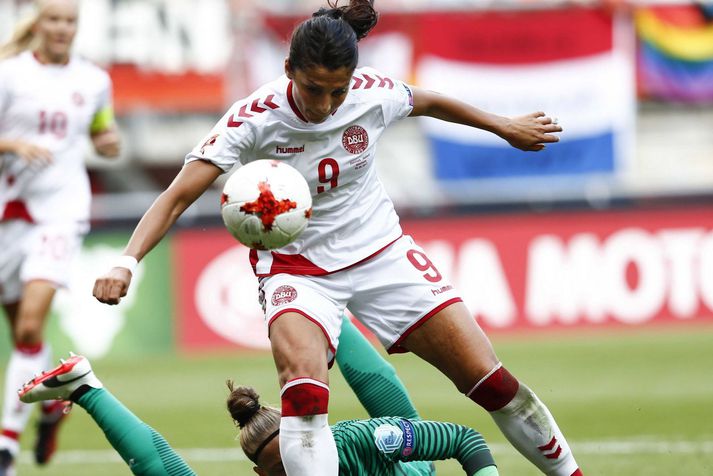 Nadia Nadim á ferðinni í leik með danska landsliðinu. Þrjú af 38 mörkum hennar fyrir landsliðið komu á móti Íslandi.