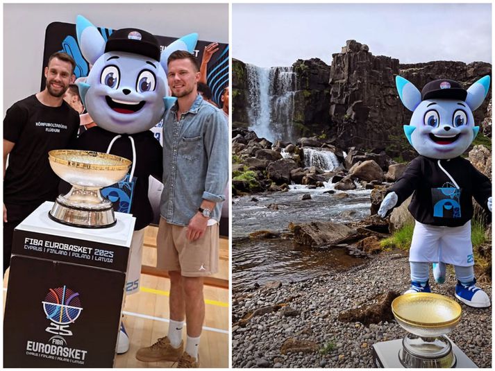 Ægir Þór Steinarsson og Martin Hermannsson með lukkudýri Eurobasket og EM-bikarnum. Bikarinn var líka við Öxarárfoss á Þingvöllum.