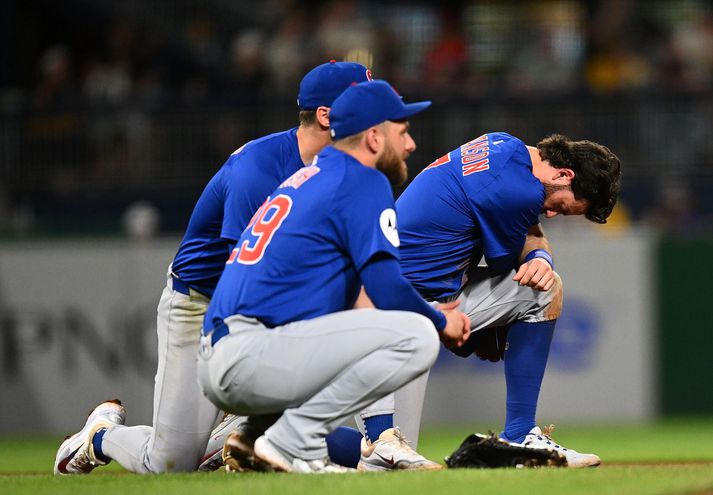 Leikmönnum Pittsburgh Pirates og Chicago Cubs var skiljanlega brugðið eftir að maður féll niður úr stúkunni á PNC Park. Gera þurfti tíu mínútna hlé á leiknum meðan hugað var að honum.