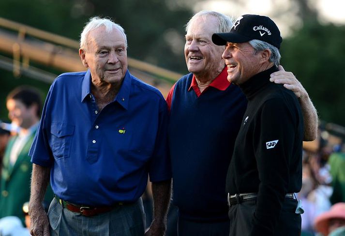 Höfðingjarnir Arnold Palmer, Jack Nicklaus og Gary Player saman á Masters í fyrra.