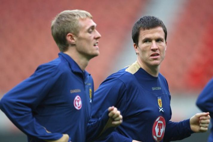 Gary Caldwell og Darren Fletcher á æfingu skoska landsliðsins.