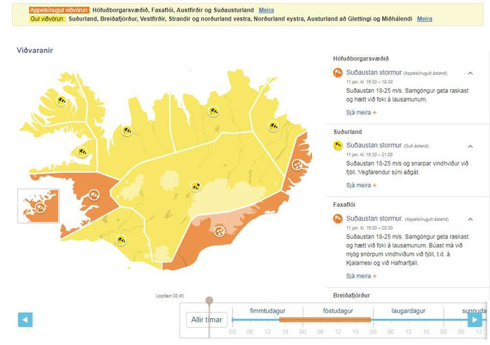 Nú er það gult og appelsínugult. Svona lítur kort Veðurstofunnar út núna.
