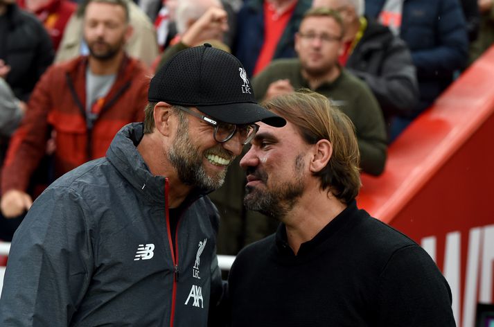 Klopp og þjálfari Norwich fyrir leikinn í kvöld.