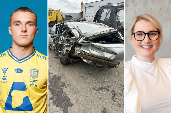 Friðrik Franz, sem leikur knattspyrnu með Grindavík, slapp lygilega vel eftir að hafa keyrt aftan á kyrrstæðan bíl sem lagt var í kanti Reykjanesbrautar. Móðir hans segir bílinn, sem er sá sem má sjá á þessari mynd, hafa staðið óhreyfðan svo vikum skipti.