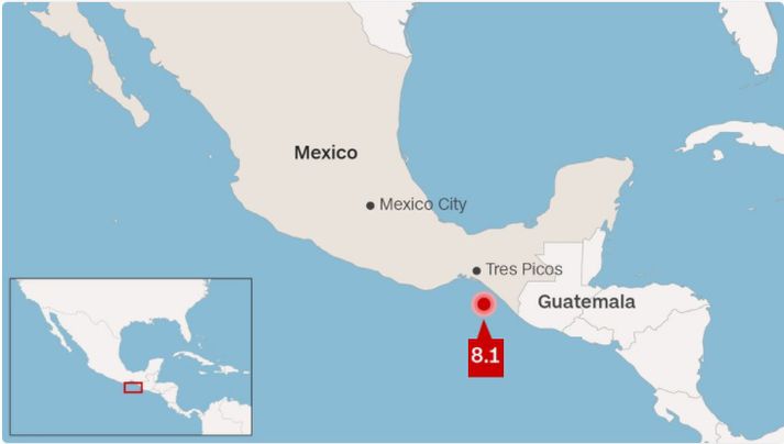 Skjálftinn var skammt frá landamærum Gvatemala.