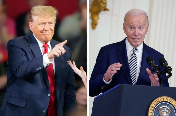 Donald Trump og Joe Biden munu væntanlega mætast aftur í forsetakosningunum í nóvember. Biden á mun meira í kosningasjóðum sínum og Trump ver fúlgum fjár í lögfræðikostnað. Það mun mögulega koma niður á kosningabaráttu hans.