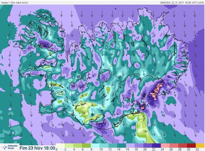 Vindaspá Veðurstofu Íslands klukkan 18 á morgun. Eins og sjá má er því spáð að mjög hvasst verði víða um land.