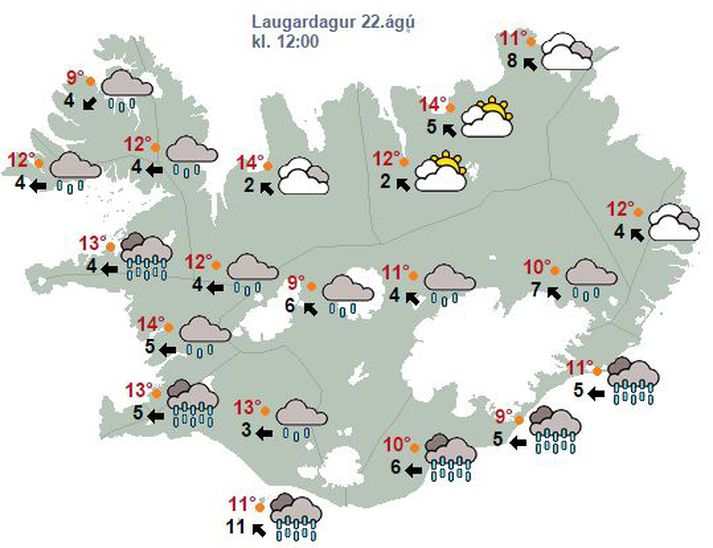 Spákort Veðurstofu Íslands fyrir laugardag.