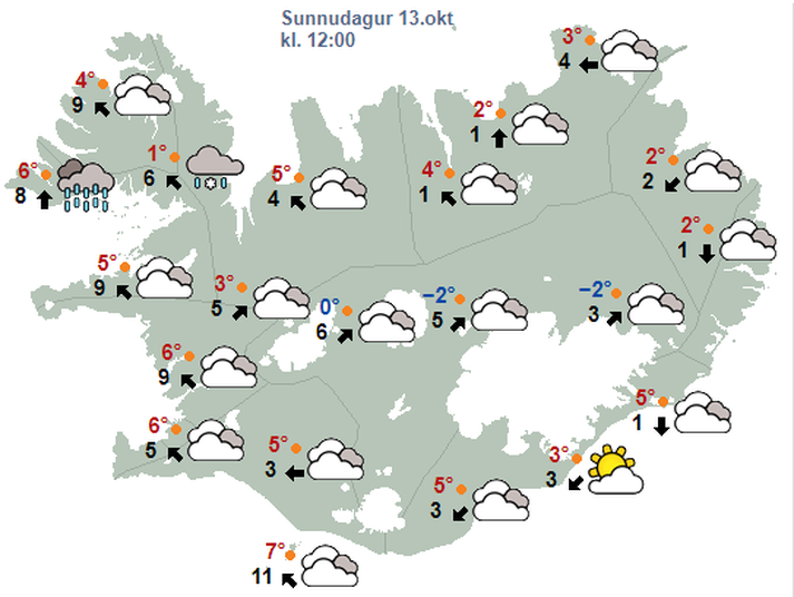 Spákort Veðurstofu Íslands fyrir hádegisbil í dag.