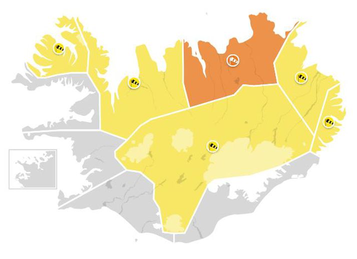 Guðviðvörun er á Vestfjörðum, Ströndum og Norðurlandi vestra, hálendinu og á Austfjörðum.