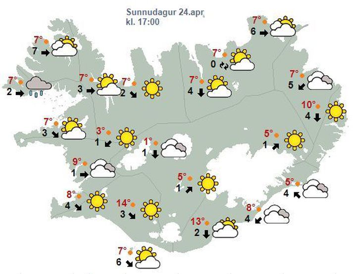 Búast má við allt að fimmtán stiga hita á Suður- og Suðausturlandi í dag. Myndin sýnir spá klukkan 17.00 í dag.