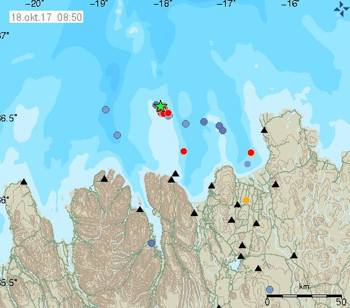 Kort frá Veðurstofunni þar sem skjálftinn sem mældist yfir þremur er merktur með stjörnu.