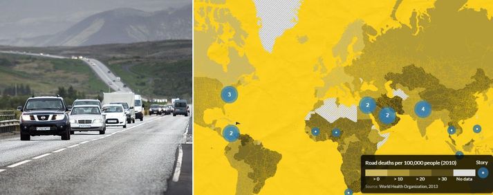 Tölurnar sem samantektin byggir á eru frá árinu 2010 en það árið létu níu manns lífið í umferðarslysum á Íslandi.