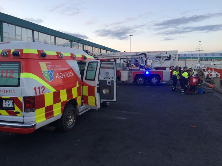 Slökkvilið og lögregla voru með mikinn viðbúnað vegna bíls sem fór í höfnina.