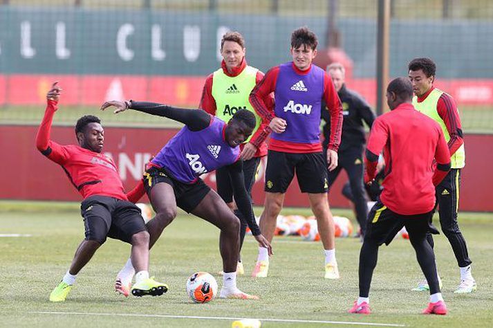 Frá æfingu Man. United á dögunum, á Carrington æfingasvæðinu, þar sem leikurinn átti að fara fram.