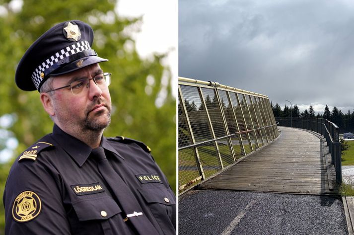 Brúin sem innbrotsþjófurinn keyrði yfir er ekki breið og aðeins gerð fyrir gangandi og hjólandi vegfarendur.