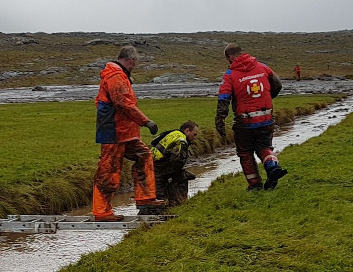 Um 20 til 30 kindum var bjargað í dag eftir að skriða féll neðan við bæinn Hamarssel í Hamarsfirði.