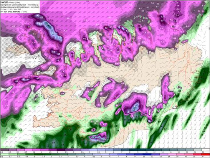 Mynd sýnir spákort af úrkomuegund og -ákefð á landinu á sunnudag klukkan 16. Norðaustanhríð verður á Vestfjörðum.
