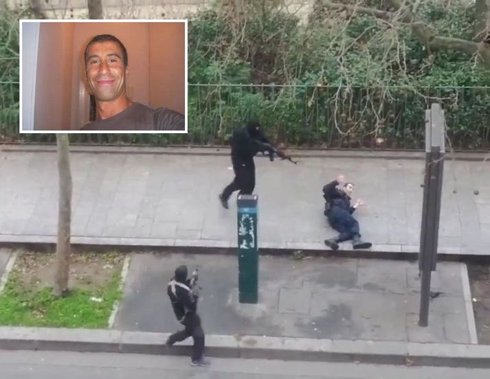 Ahmed Merabet var skotinn til bana af Kouachi bræðrunum fyrir utan skrifstofu Charlie Hebdo.