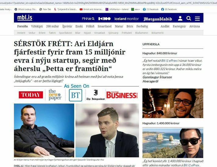 Hér má sjá eftirlíkingu af frétt á Mbl.is þar sem reynt er að selja þá sögu að grínistinn Ari Eldjárn hafi fundið fjárfestingakost sem sé ávísun á mikinn gróða. Sannarlega „sérstök frétt“.