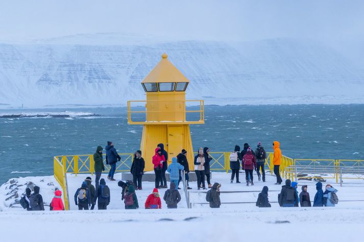 Ferðamennirnir létu veðrið ekkert stoppa sig í Reykjavík í janúar. 