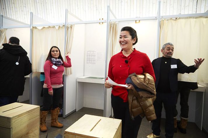 Aleqa Hammond Leiðtogi Siumut-flokksins á kjörstað á þriðjudag.