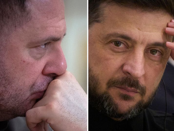 Hér má sjá þá Vólódímír Selenskí, forseta Úkraínu (til hægri), og Andriy Yermak, starfsmannastjóra Selenskís. Sá síðarnefndi leiðir sendinefnd Úkraínumanna í Genf í dag að en hann þykir umdeildur þessa dagana vegna stórs spillingarmáls sem skók nýverið Úkraínu.