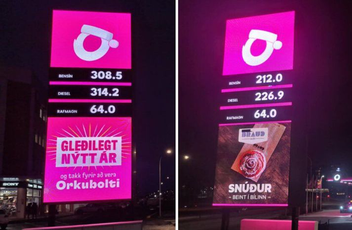 Eldsneytisstöð Orkunnar við Laugaveg í Reykjavík. Myndin til vinstri er tekin 30. desember 2025 en sú til hægri að morgni nýársdags.