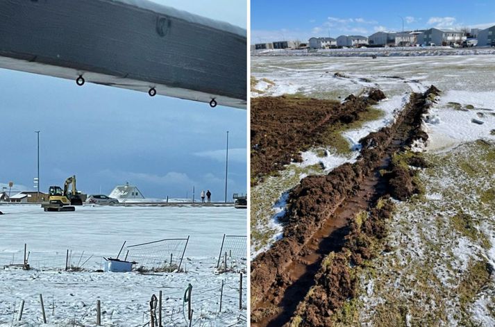 Á vinstri myndinni má sjá beltagröfuna á golfvellinum. Á þeirri hægri eru dæmi um ummerki.