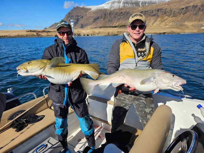 Tómas Skúlason oftast kenndur við Veiðiportið ásamt veiðifélaga og stóra þorska úr Kollafirði