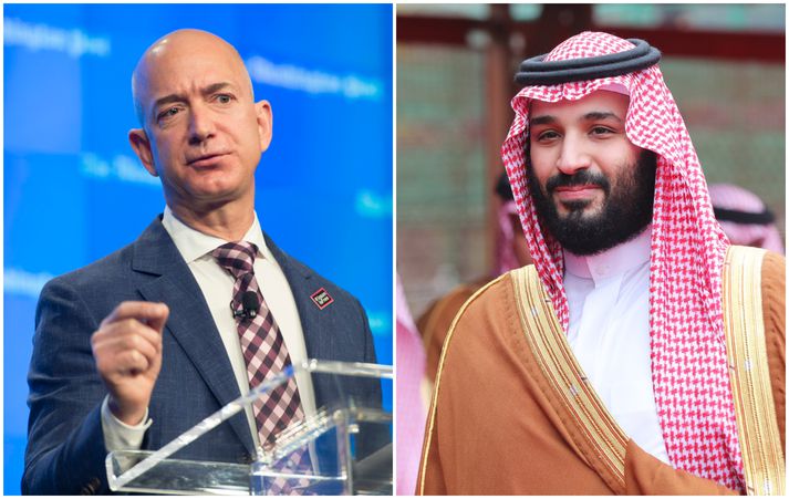 Bezos (t.v.) og Salman krónprins (t.h.) virðast hafa spjallað á samskiptaforritinu Whatsapp í maí árið 2018. Myndband sem var sent úr númeri sem Salman hefur notað er talið hafa innihaldið spilliforrit.