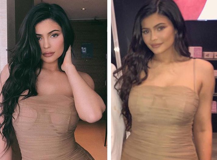 Þessar myndir birtust til að mynda af Kylie Jenner sama kvöldið. Töluverður munur á myndunum. 