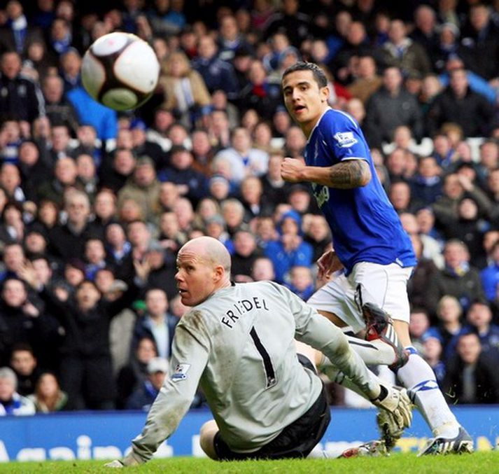 Tim Cahill lskorar hér þriðja mark Everton í dag.