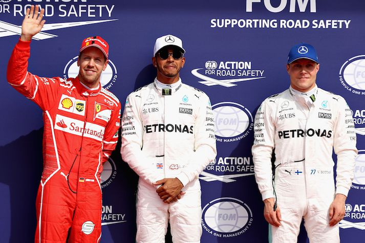 Sebastian Vettel, Lewis Hamilton og Valtteri Bottas, þrír hröðustu menn dagsins.