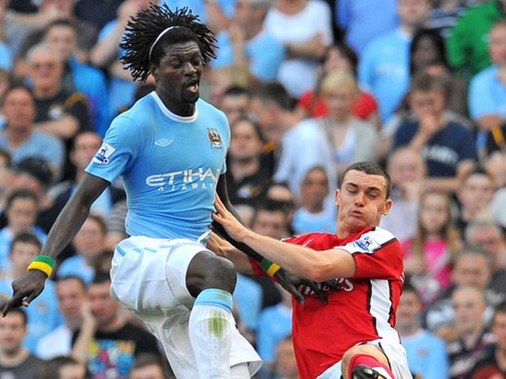 Emmanuel Adebayor var í sviðsljósinu á móti Arsenal í dag,