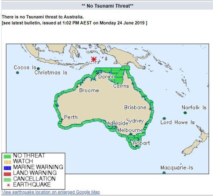Ekki er talið að jarðskjálftinn valdi flóðbylgju, samkvæmt upplýsingum frá veðurstofu Ástralíu.