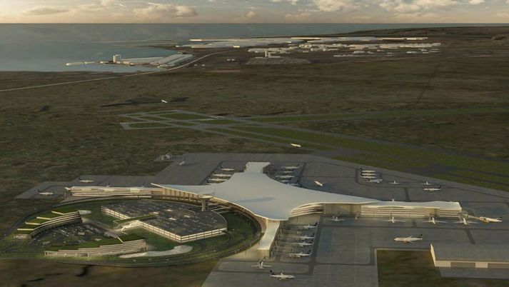 Svona gæti innanlands- og millilandaflugvöllur litið út í Hvassahrauni. Fjær má sjá álverið í Straumsvík og byggðina í Hafnarfirði. Lega flugbrauta er sýnd miðað við niðurstöður sem þegar liggja fyrir úr veðurfarsrannsóknum.